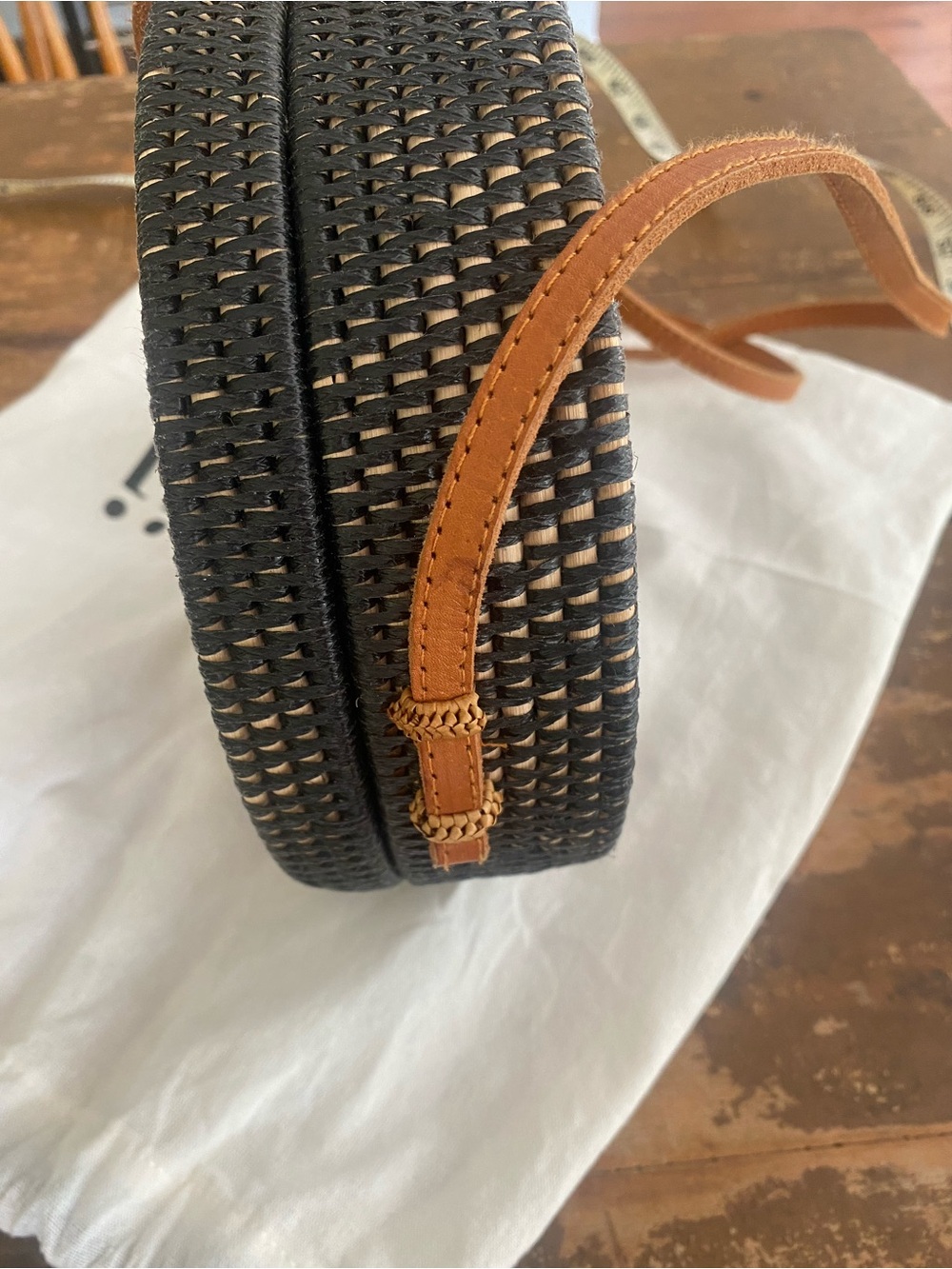 Round Canteen Navy and Natural Woven Crossbody Bag with Tan Leather Strap - Picture 2 of 8